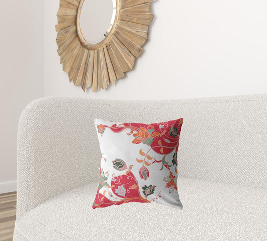 18" Red White Garden Zippered Suede Throw Pillow - Homeroots