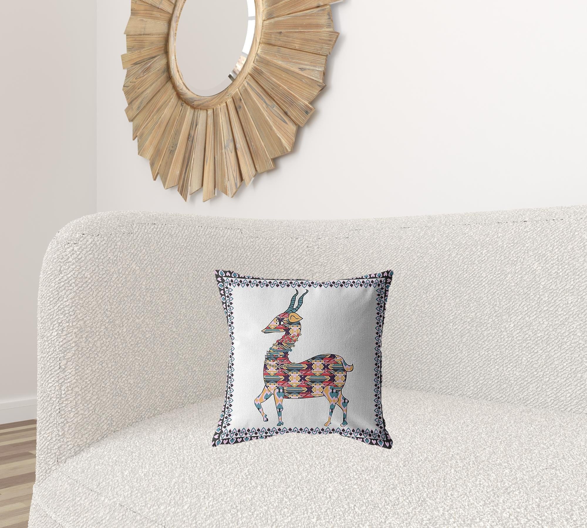 16" Blue White Boho Deer Zippered Suede Throw Pillow - Homeroots