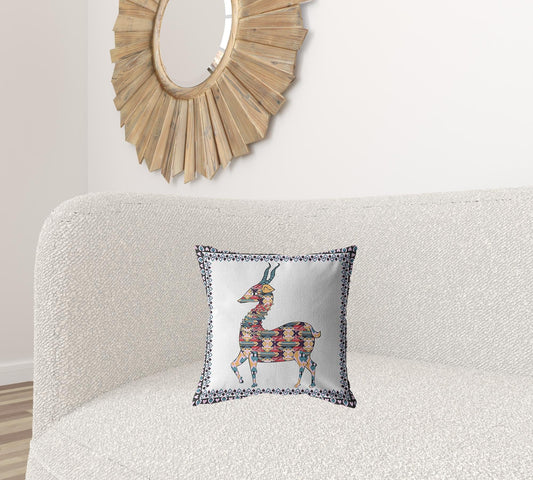 16" Blue White Boho Deer Zippered Suede Throw Pillow - Homeroots