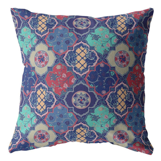 16” Navy Red Trellis Suede Zippered Throw Pillow - Homeroots