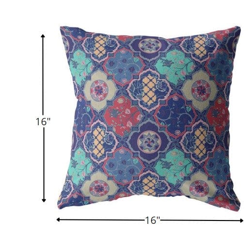 16” Navy Red Trellis Suede Zippered Throw Pillow - Homeroots