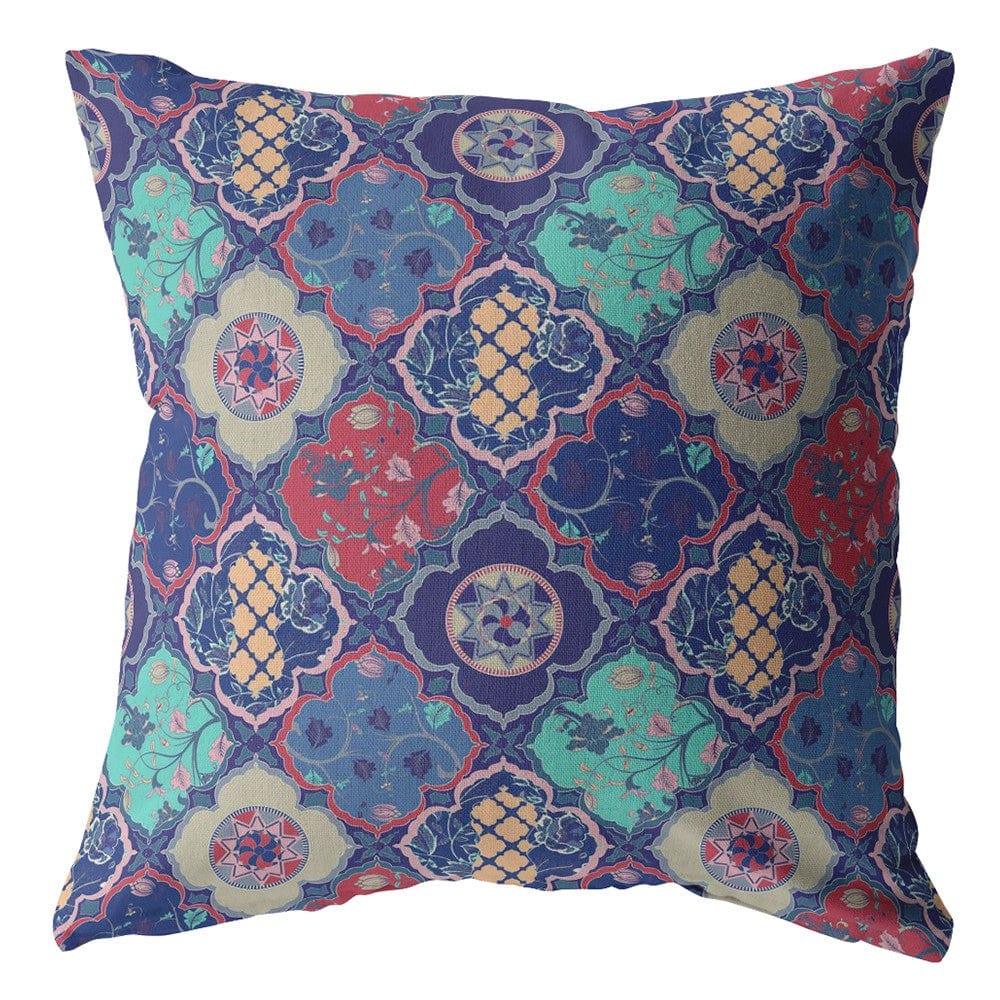 18” Navy Red Trellis Suede Zippered Throw Pillow - Homeroots