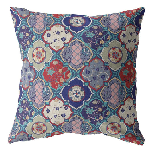 16” Turquoise Cream Trellis Suede Zippered Throw Pillow - Homeroots