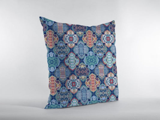 16” Turquoise Red Trellis Suede Zippered Throw Pillow - Homeroots