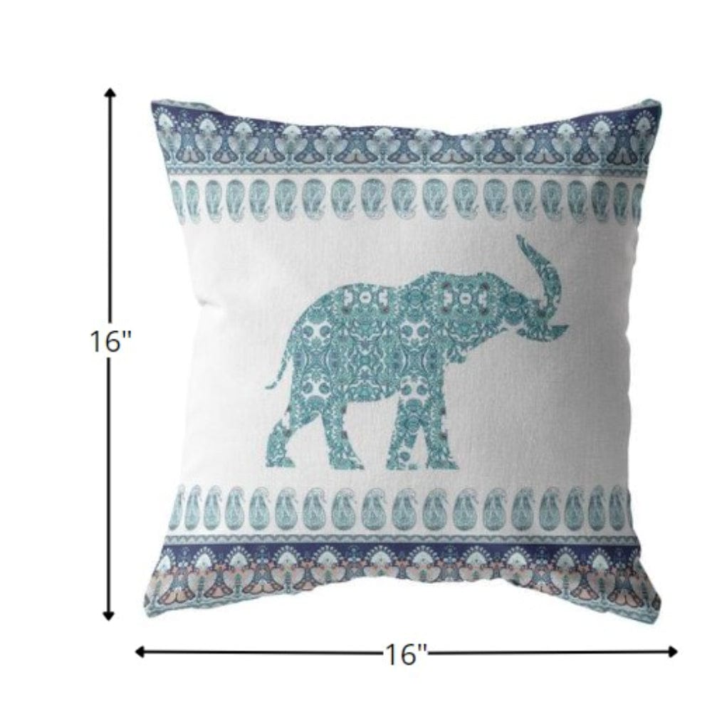 16” Teal Ornate Elephant Zippered Suede Throw Pillow - Homeroots