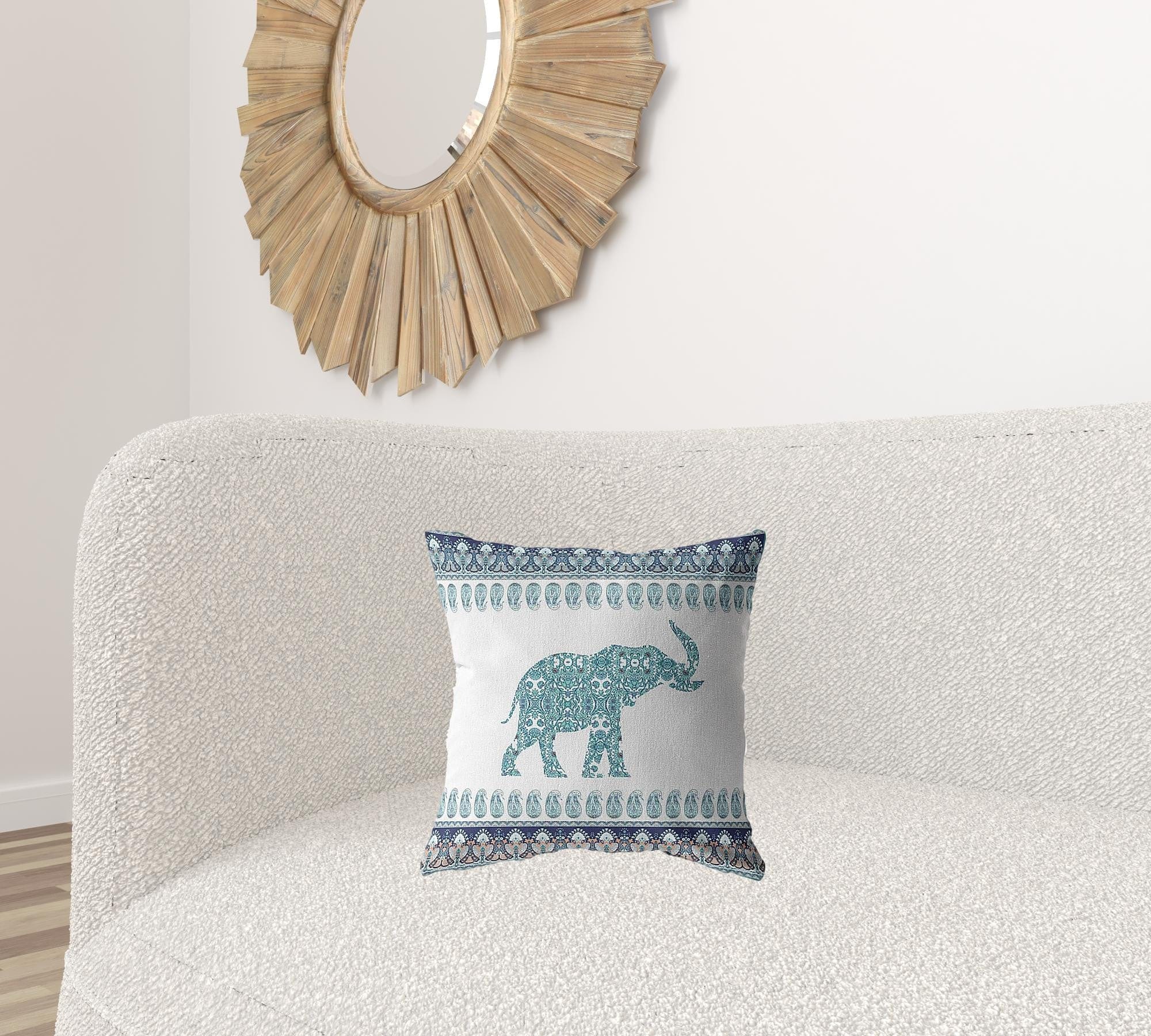 16” Teal Ornate Elephant Zippered Suede Throw Pillow - Homeroots