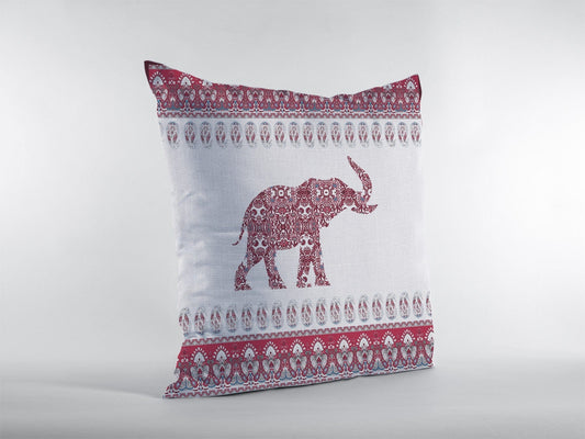 16” Red White Ornate Elephant Zippered Suede Throw Pillow - Homeroots