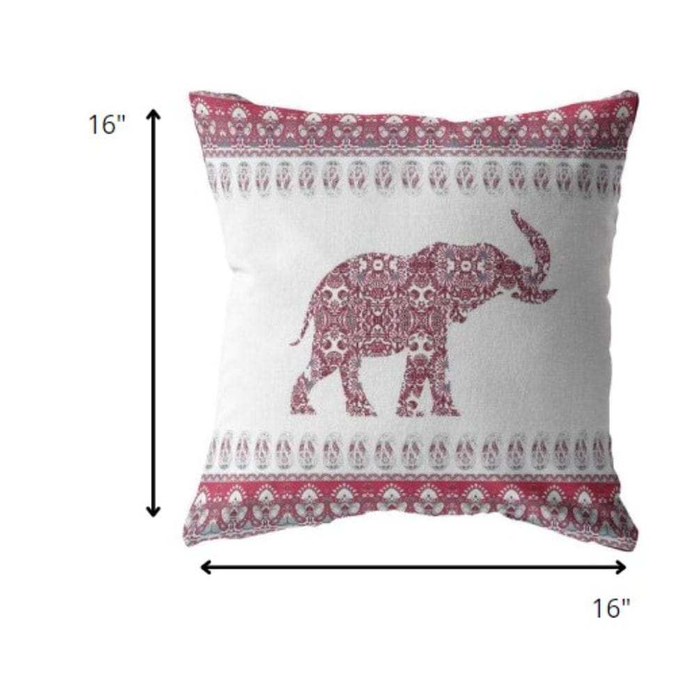16” Red White Ornate Elephant Zippered Suede Throw Pillow - Homeroots - Flyclothing LLC