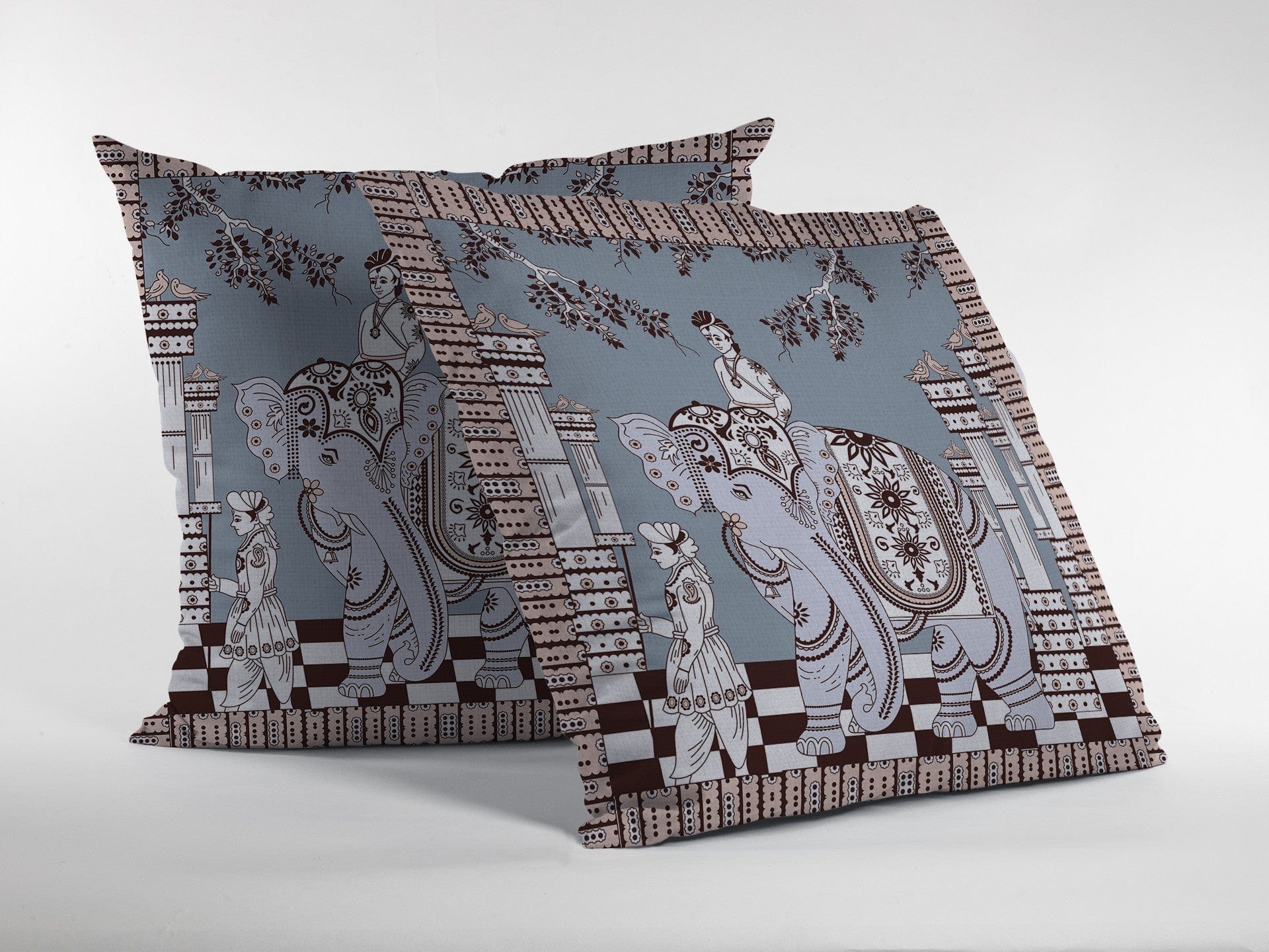 16” Blue Brown Ornate Elephant Zippered Suede Throw Pillow - Homeroots