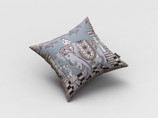 18” Blue Brown Ornate Elephant Zippered Suede Throw Pillow - Homeroots