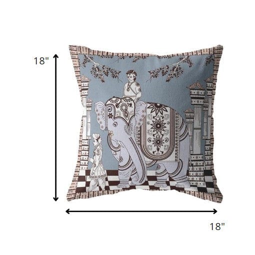 18” Blue Brown Ornate Elephant Zippered Suede Throw Pillow - Homeroots