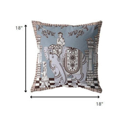 18” Blue Brown Ornate Elephant Zippered Suede Throw Pillow - Homeroots