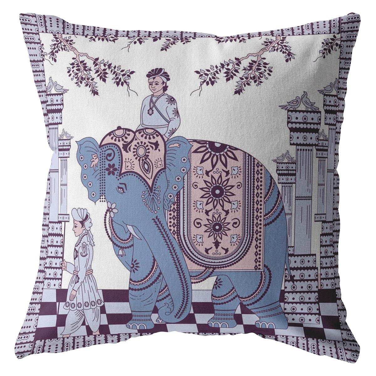 18” Blue Purple Ornate Elephant Zippered Suede Throw Pillow - Homeroots