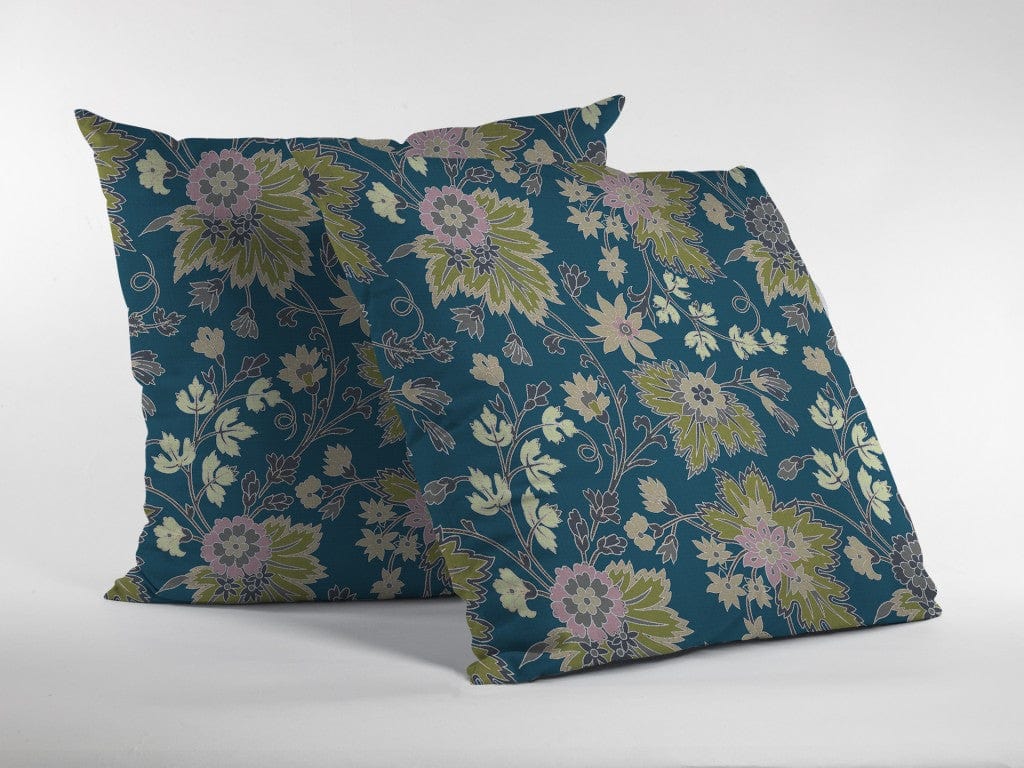 16” Teal Green Jacobean Zippered Suede Throw Pillow - Homeroots