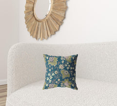 16” Teal Green Jacobean Zippered Suede Throw Pillow - Homeroots