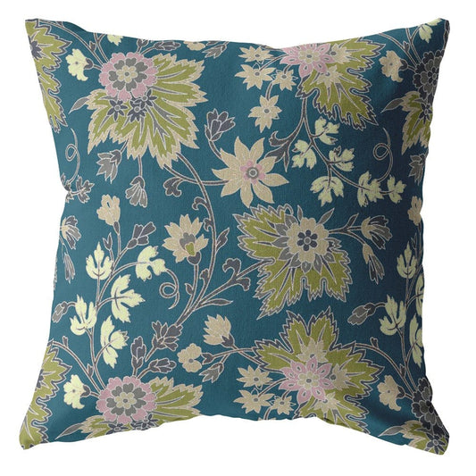 18” Teal Green Jacobean Zippered Suede Throw Pillow - Homeroots