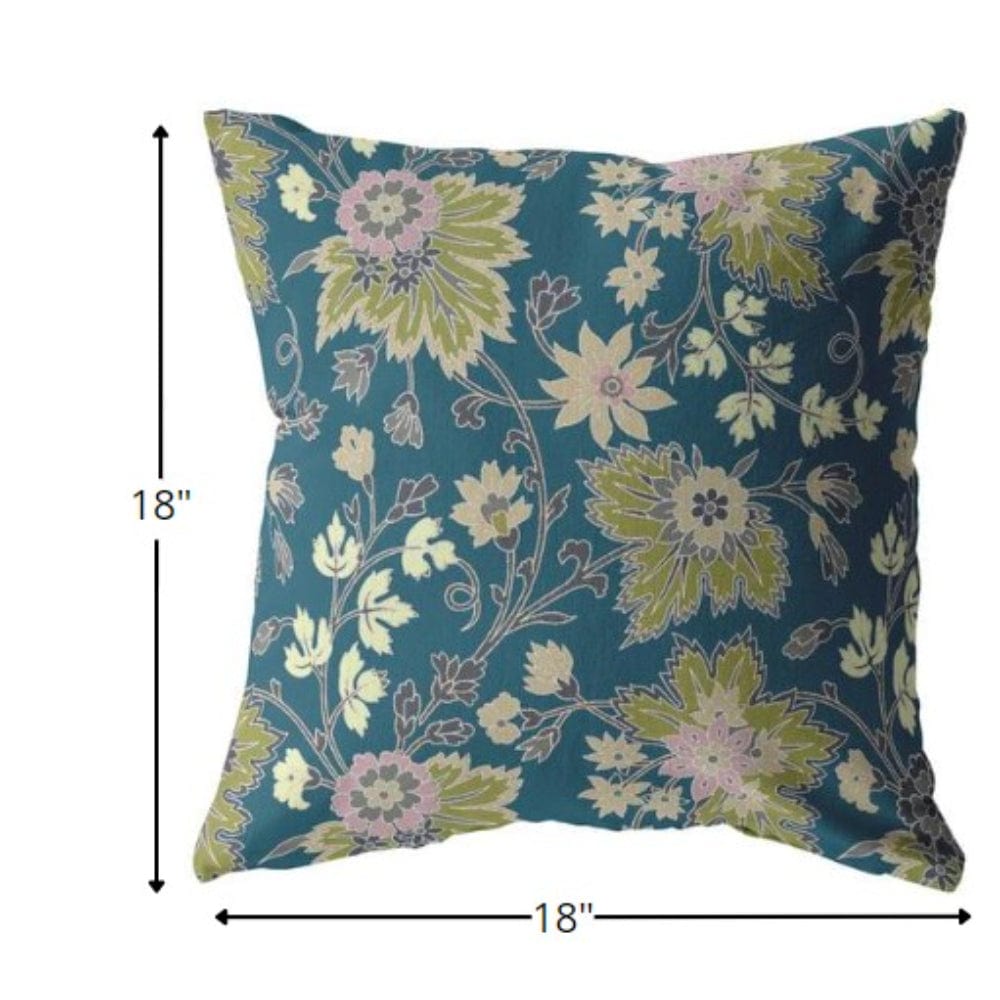 18” Teal Green Jacobean Zippered Suede Throw Pillow - Homeroots