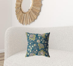 18” Teal Green Jacobean Zippered Suede Throw Pillow - Homeroots