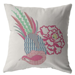 16” Pink White Peacock Zippered Suede Throw Pillow - Homeroots
