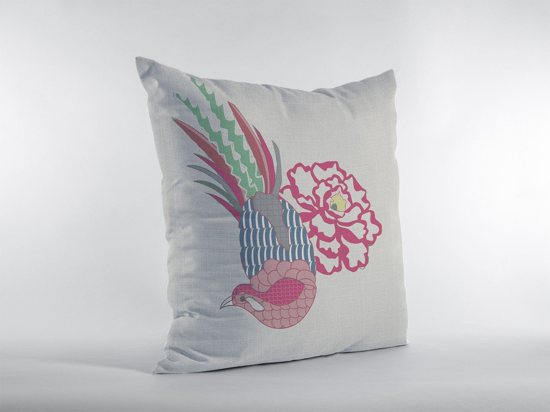 16” Pink White Peacock Zippered Suede Throw Pillow - Homeroots