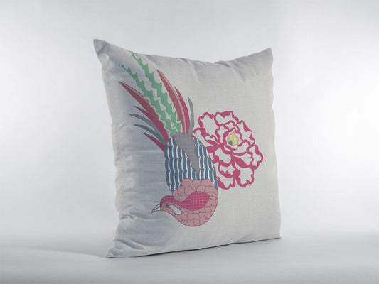16” Pink White Peacock Zippered Suede Throw Pillow - Homeroots