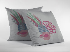 16” Pink White Peacock Zippered Suede Throw Pillow - Homeroots