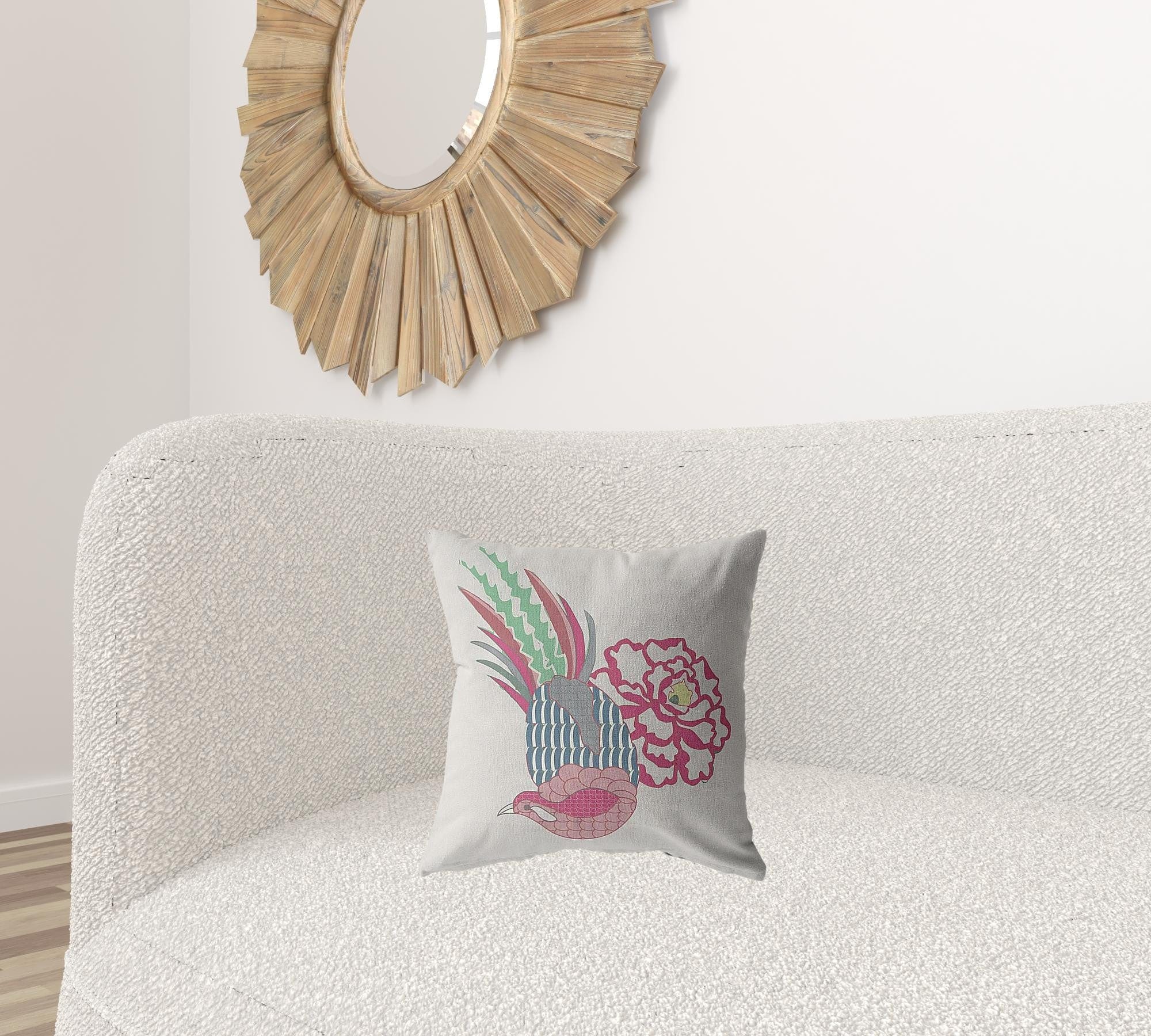 16” Pink White Peacock Zippered Suede Throw Pillow - Homeroots
