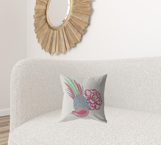 16” Pink White Peacock Zippered Suede Throw Pillow - Homeroots