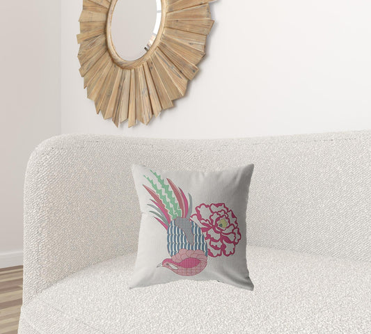 18” Pink White Peacock Zippered Suede Throw Pillow - Homeroots
