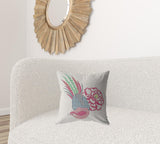 18” Pink White Peacock Zippered Suede Throw Pillow - Homeroots