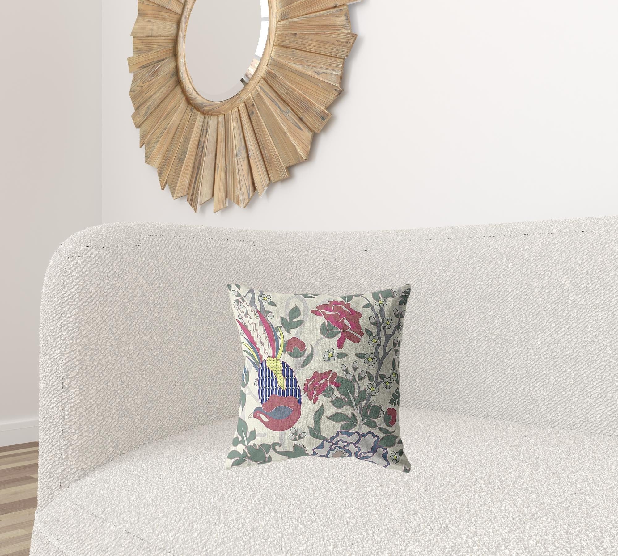 16” Pink Sage Peacock Zippered Suede Throw Pillow - Homeroots