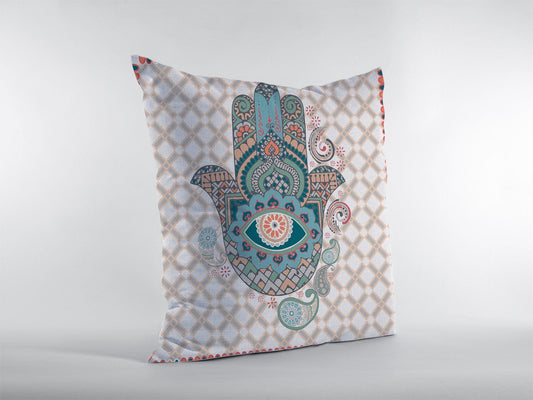 16” Blue Gray Hamsa Suede Zippered Throw Pillow - Homeroots