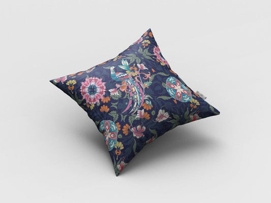 16" Navy Pink Peacock Zippered Suede Throw Pillow - Homeroots
