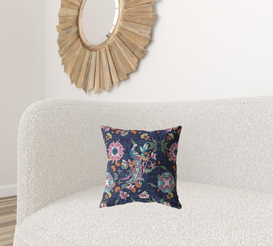 16" Navy Pink Peacock Zippered Suede Throw Pillow - Homeroots