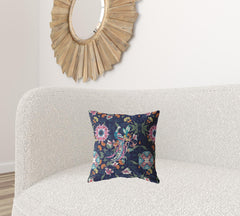 16" Navy Pink Peacock Zippered Suede Throw Pillow - Homeroots