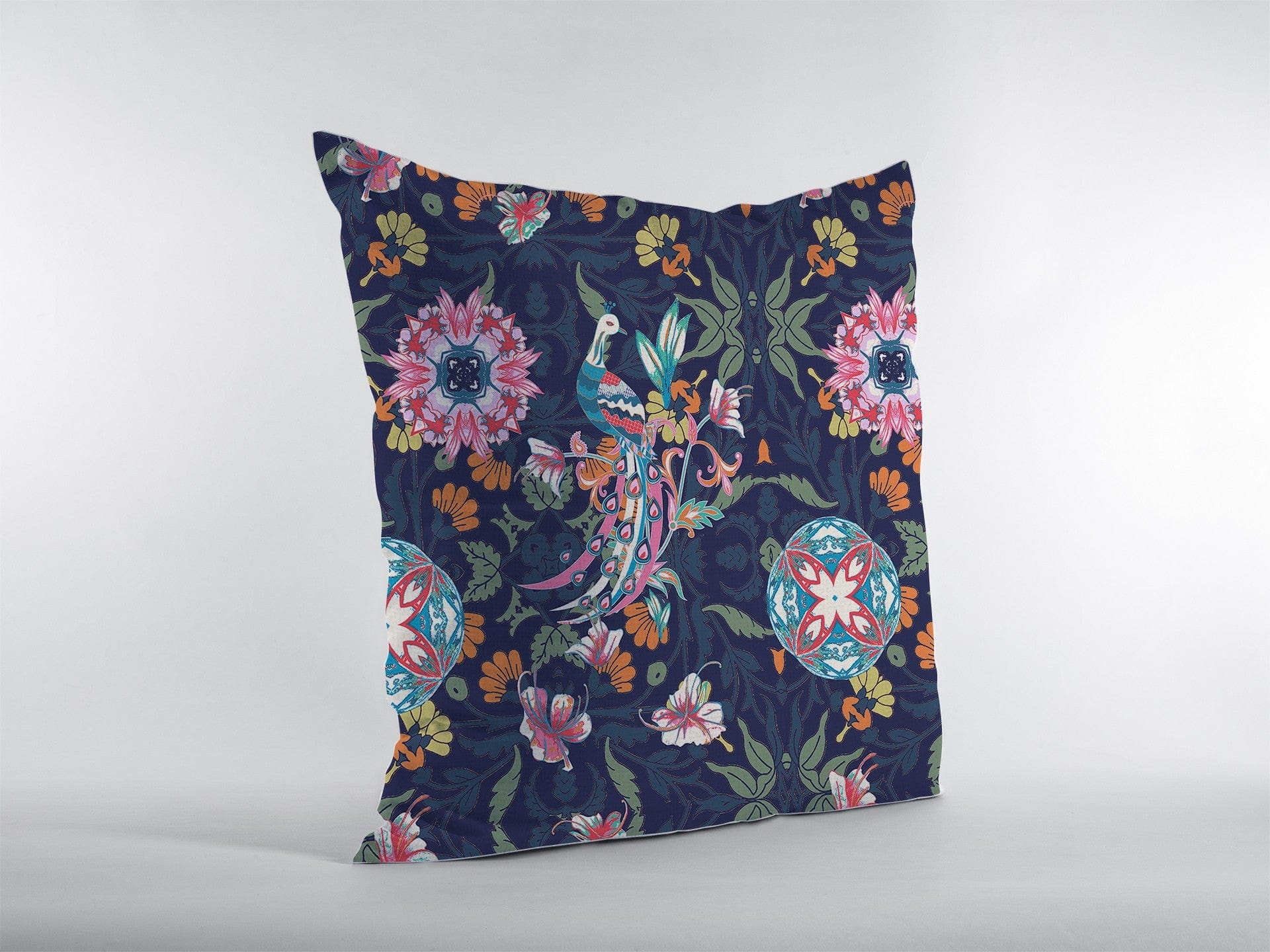 18" Navy Pink Peacock Zippered Suede Throw Pillow - Homeroots