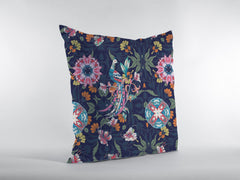18" Navy Pink Peacock Zippered Suede Throw Pillow - Homeroots