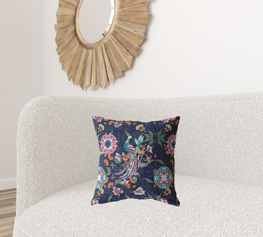 18" Navy Pink Peacock Zippered Suede Throw Pillow - Homeroots