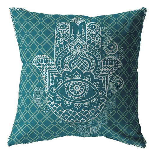 16” Teal White Hamsa Suede Zippered Throw Pillow - Homeroots