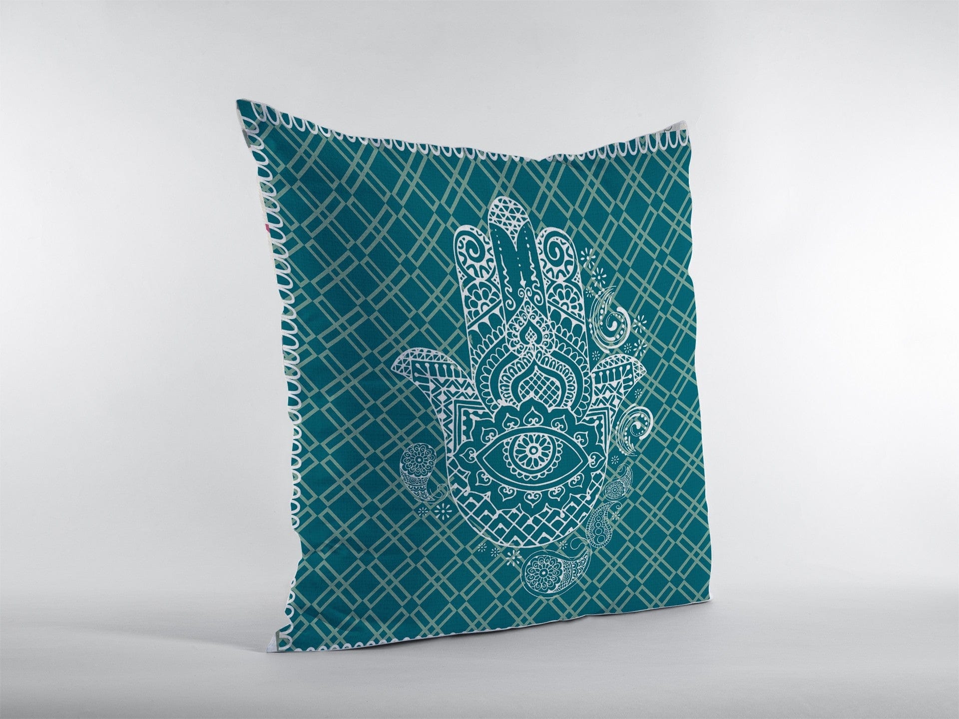 16” Teal White Hamsa Suede Zippered Throw Pillow - Homeroots