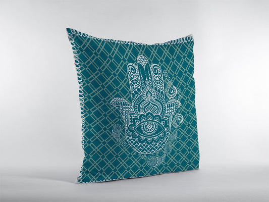 16” Teal White Hamsa Suede Zippered Throw Pillow - Homeroots