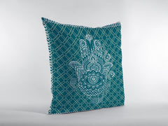 16” Teal White Hamsa Suede Zippered Throw Pillow - Homeroots