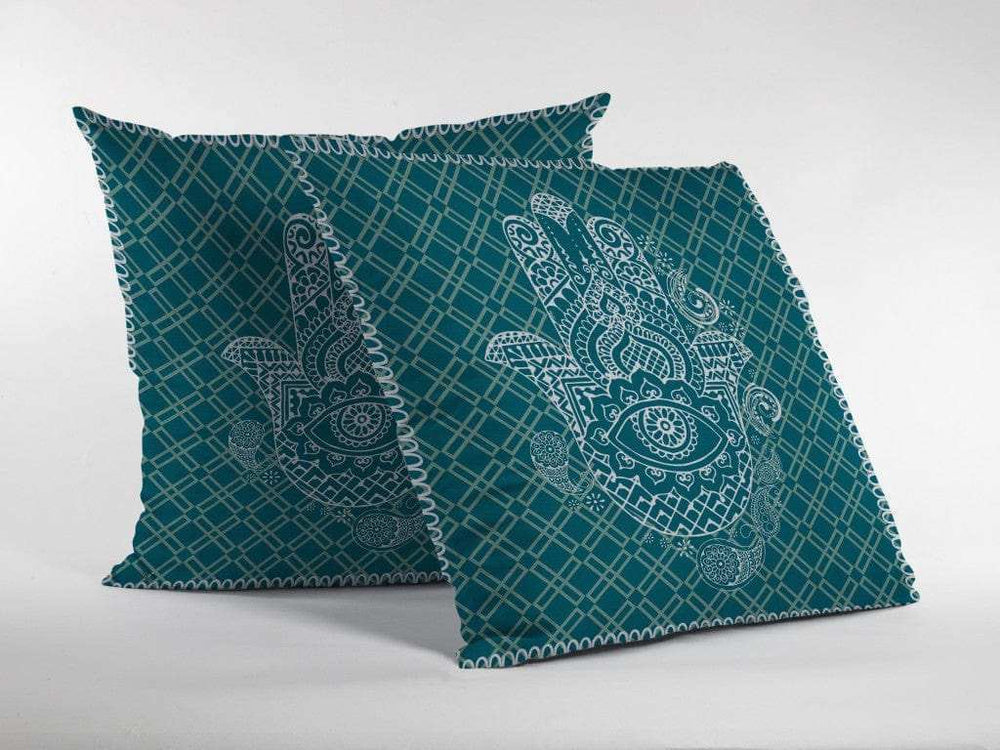 16” Teal White Hamsa Suede Zippered Throw Pillow - Homeroots - Flyclothing LLC