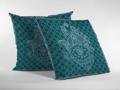 16” Teal White Hamsa Suede Zippered Throw Pillow - Homeroots