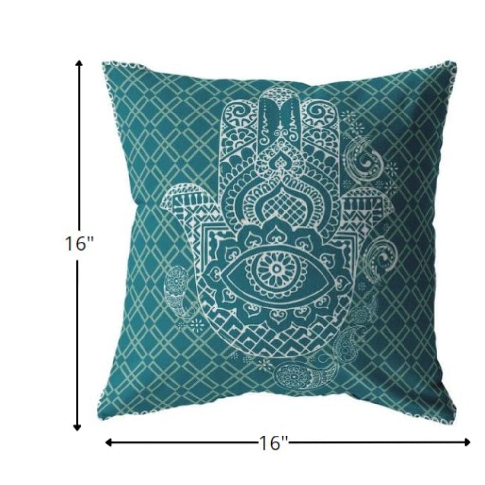 16” Teal White Hamsa Suede Zippered Throw Pillow - Homeroots