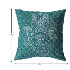 16” Teal White Hamsa Suede Zippered Throw Pillow - Homeroots