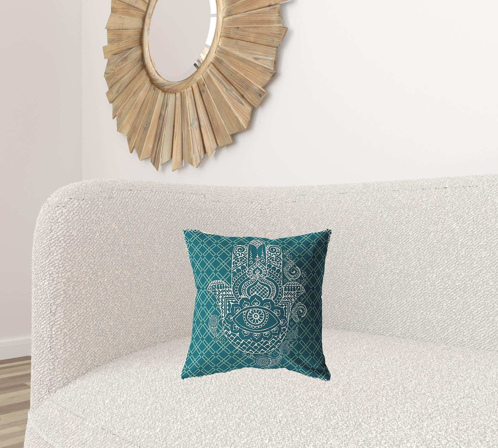 16” Teal White Hamsa Suede Zippered Throw Pillow - Homeroots - Flyclothing LLC