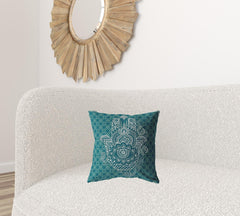 16” Teal White Hamsa Suede Zippered Throw Pillow - Homeroots
