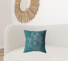 18” Teal White Hamsa Suede Zippered Throw Pillow - Homeroots
