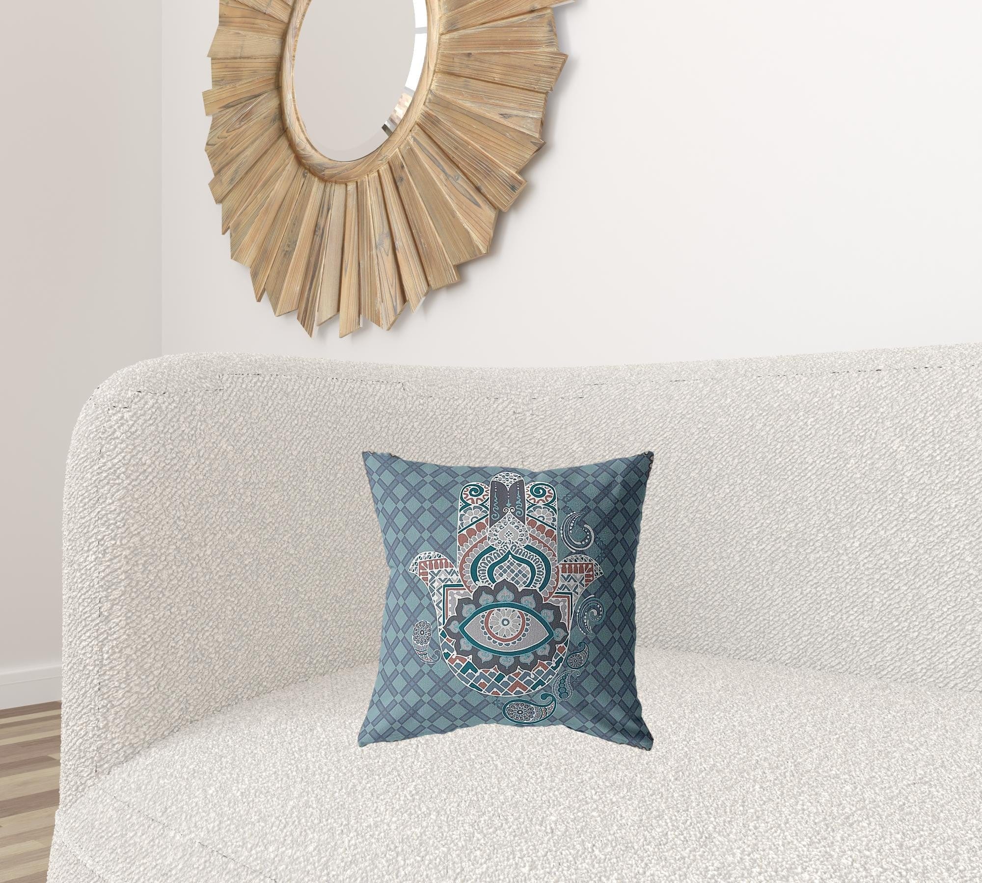 16” Slate Blue Hamsa Suede Zippered Throw Pillow - Homeroots